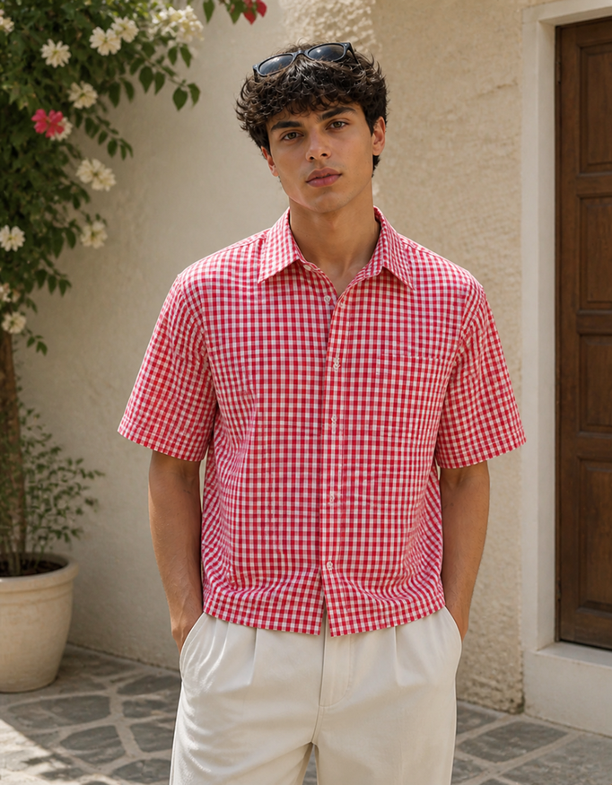 Red Date Oxford in red and white checks, styled with light trousers
