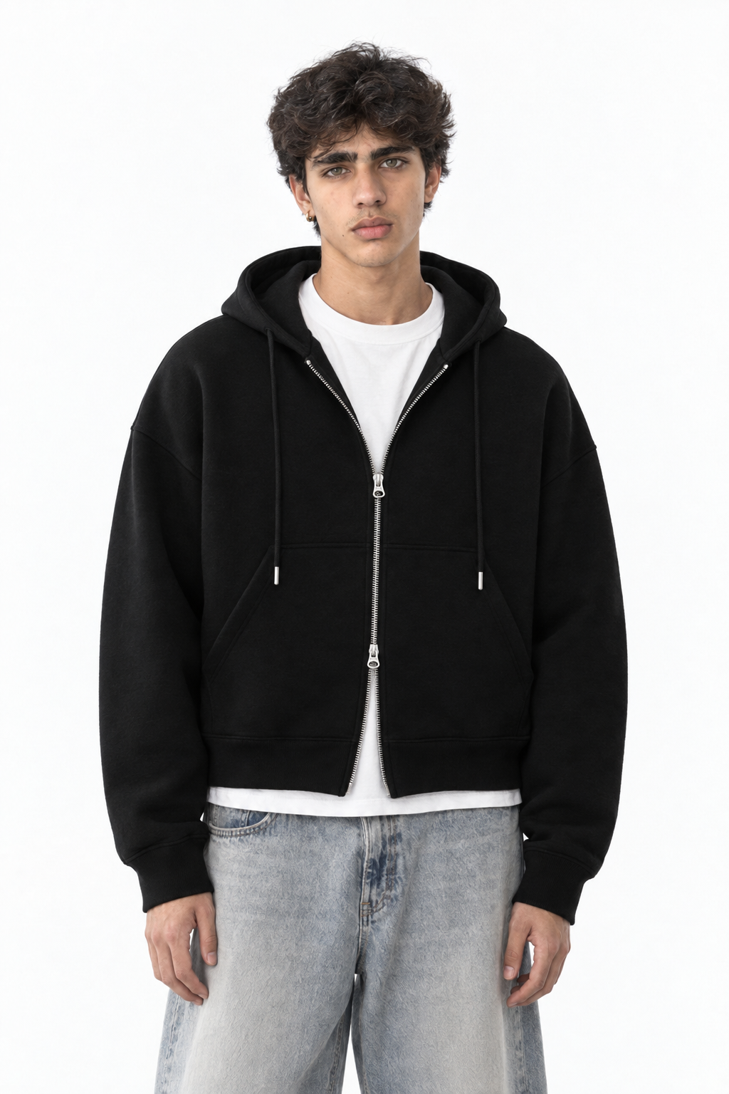 Fanaze Boxy Fit Double Zipper Black Hoodie