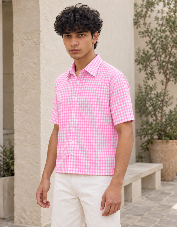 Fanaze Pink Gingham Oxford Boxy Fit Shirt