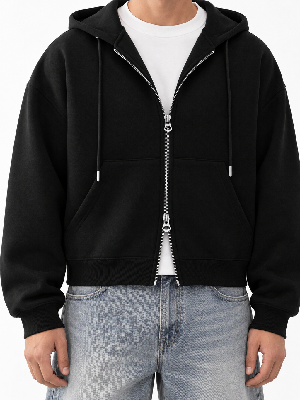 Fanaze Boxy Fit Double Zipper Black Hoodie