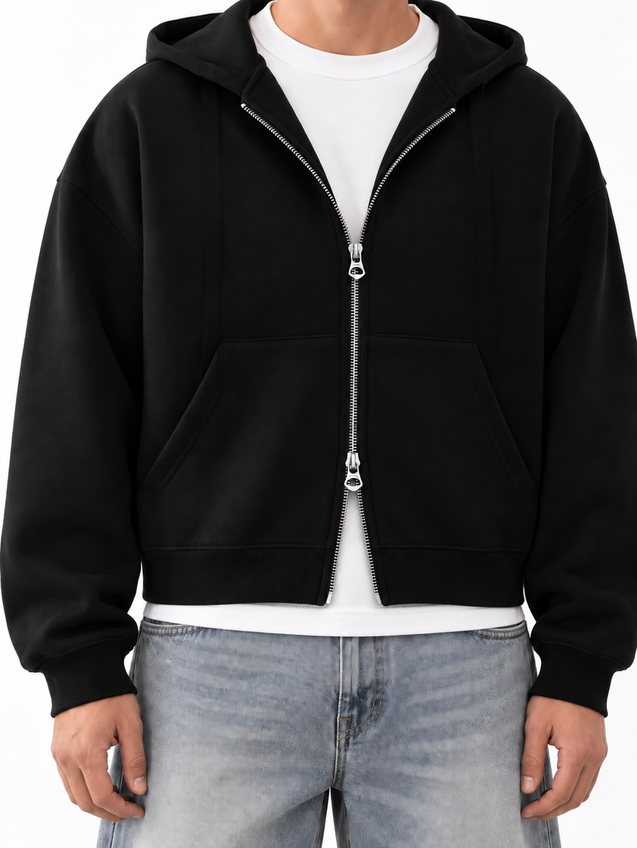 Fanaze Boxy Fit Double Zipper Hoodie, Black