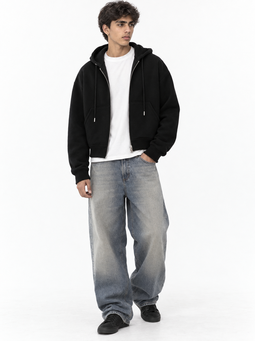 Fanaze Boxy Fit Double Zipper Black Hoodie