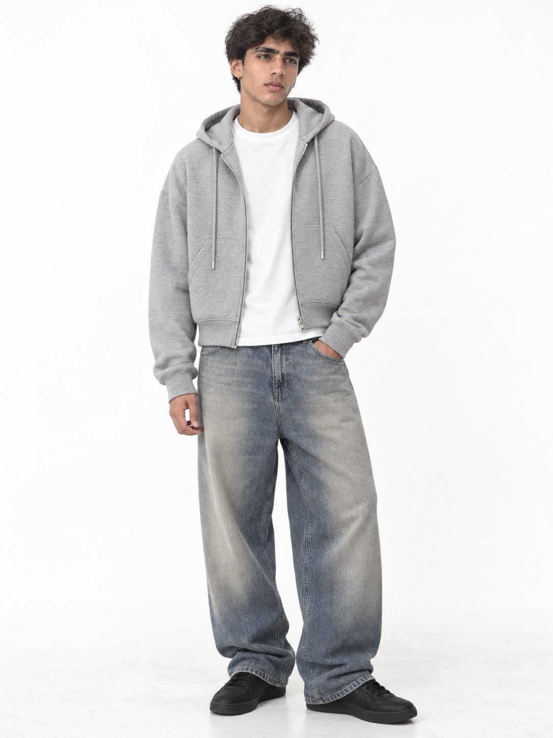 Fanaze Boxy Fit Double Zipper Black Hoodie