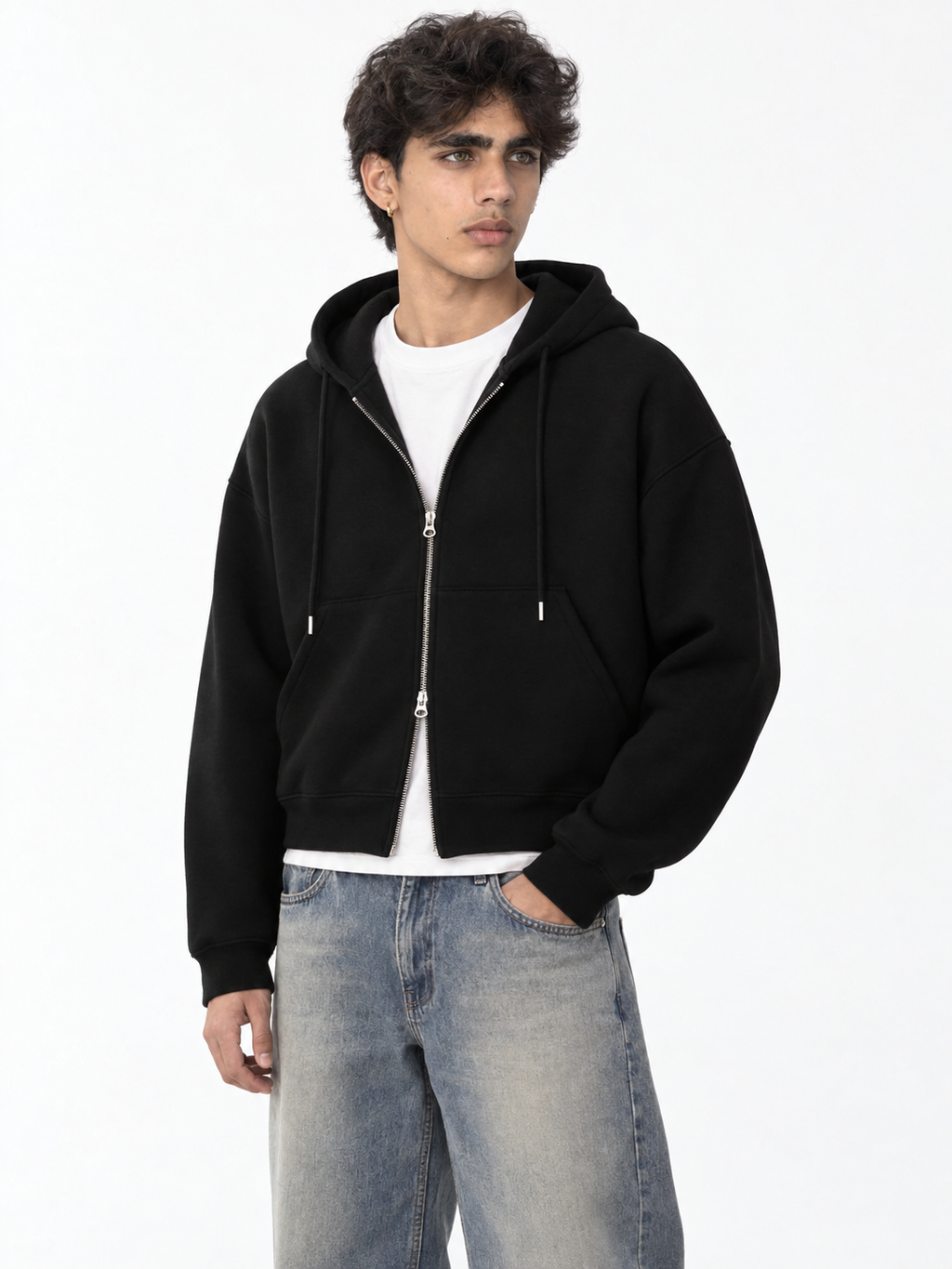 Fanaze Boxy Fit Double Zipper Black Hoodie