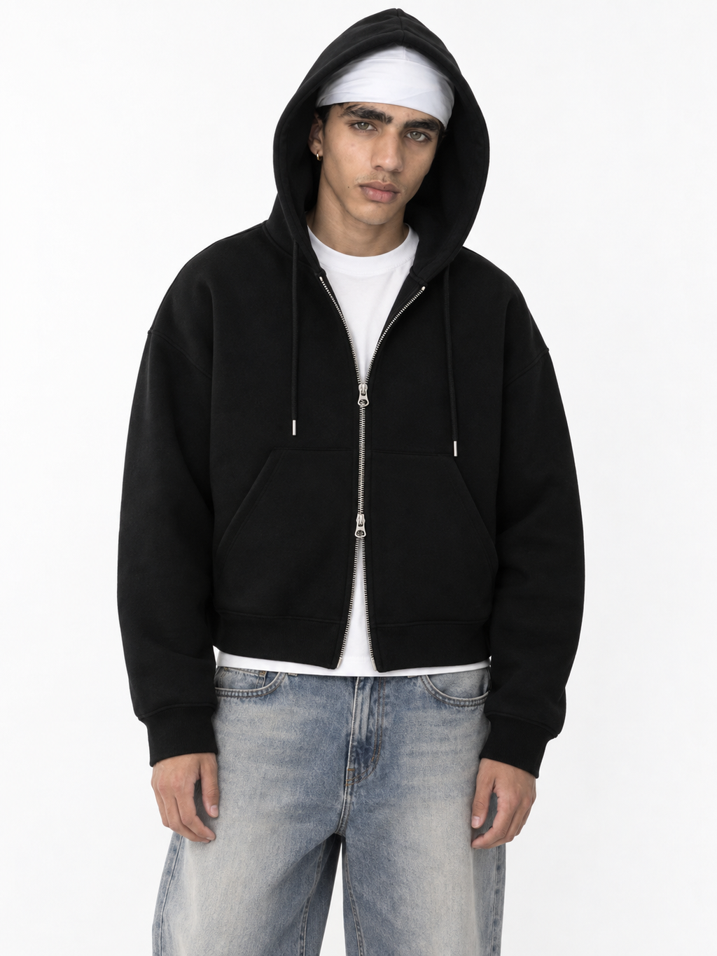 Fanaze Boxy Fit Double Zipper Black Hoodie