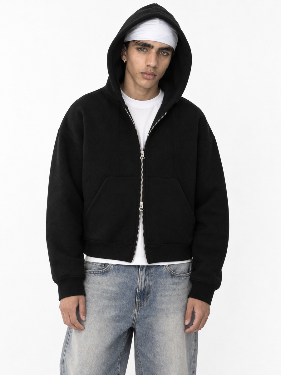 Fanaze Boxy Fit Double Zipper Hoodie, Black