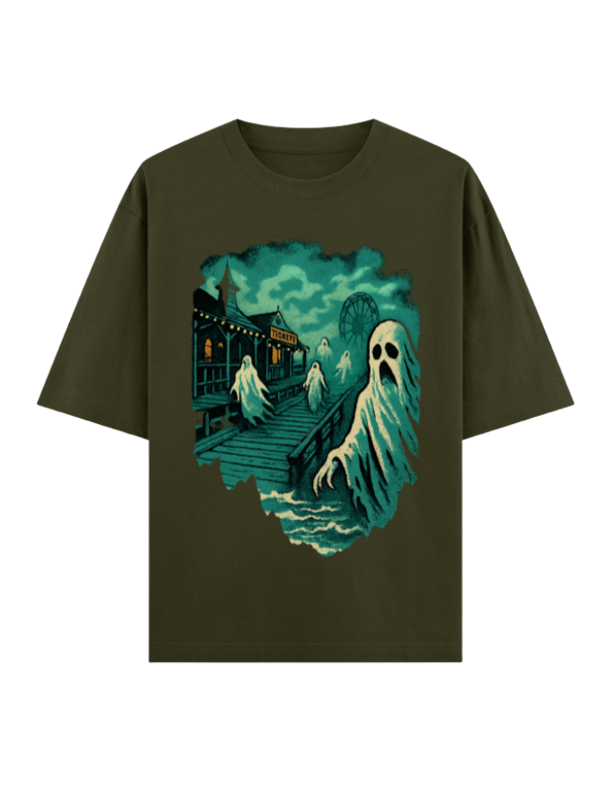 Ghostly Boardwalk Haunt Oversized Halloween T-shirt