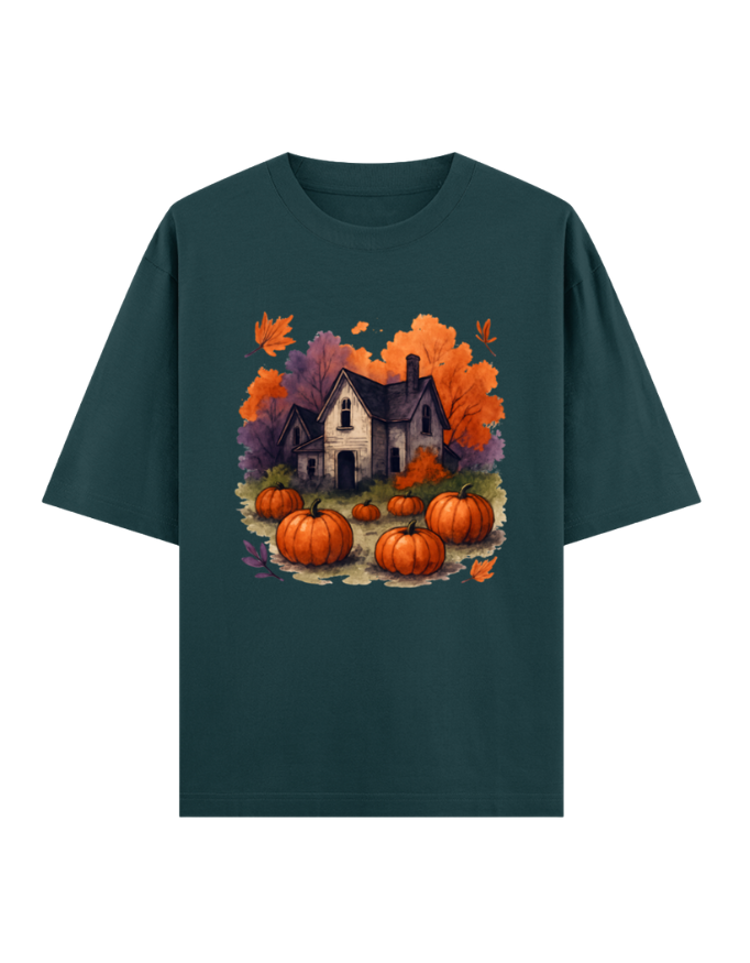 Cozy Autumn Pumpkin House Oversized Halloween T-shirt