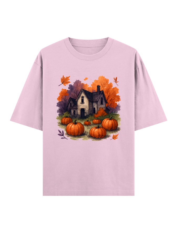 Cozy Autumn Pumpkin House Oversized Halloween T-shirt