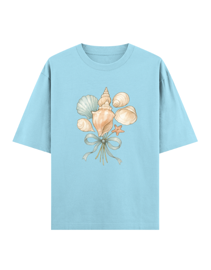 Light blue t-shirt with shell design on a white background