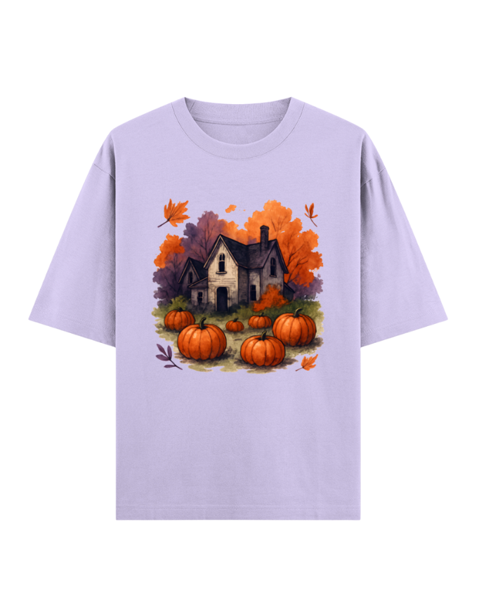 Cozy Autumn Pumpkin House Oversized Halloween T-shirt