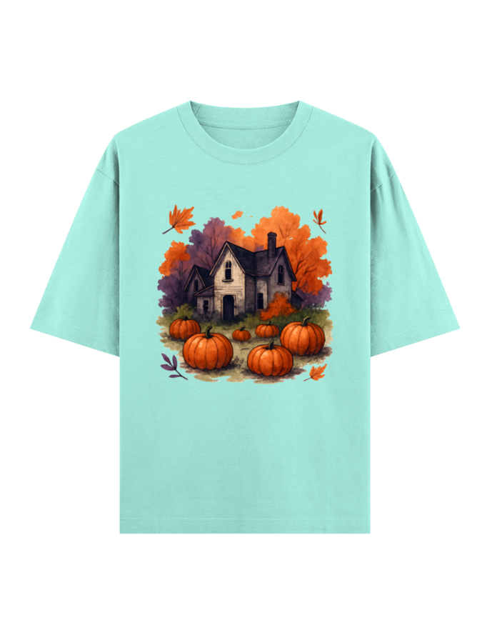 Cozy Autumn Pumpkin House Oversized Halloween T-shirt