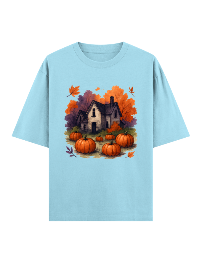 Cozy Autumn Pumpkin House Oversized Halloween T-shirt