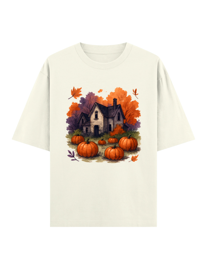 Cozy Autumn Pumpkin House Oversized Halloween T-shirt