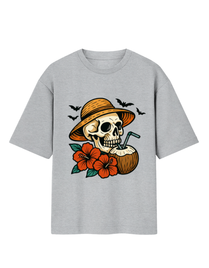 Tropical Skull Vibes with Coconut Drink Oversized T-Shirt