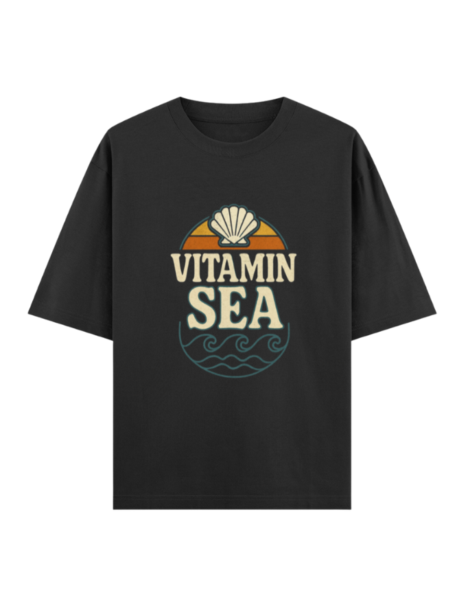 Black t-shirt with 'Vitamin Sea' graphic design on a white background