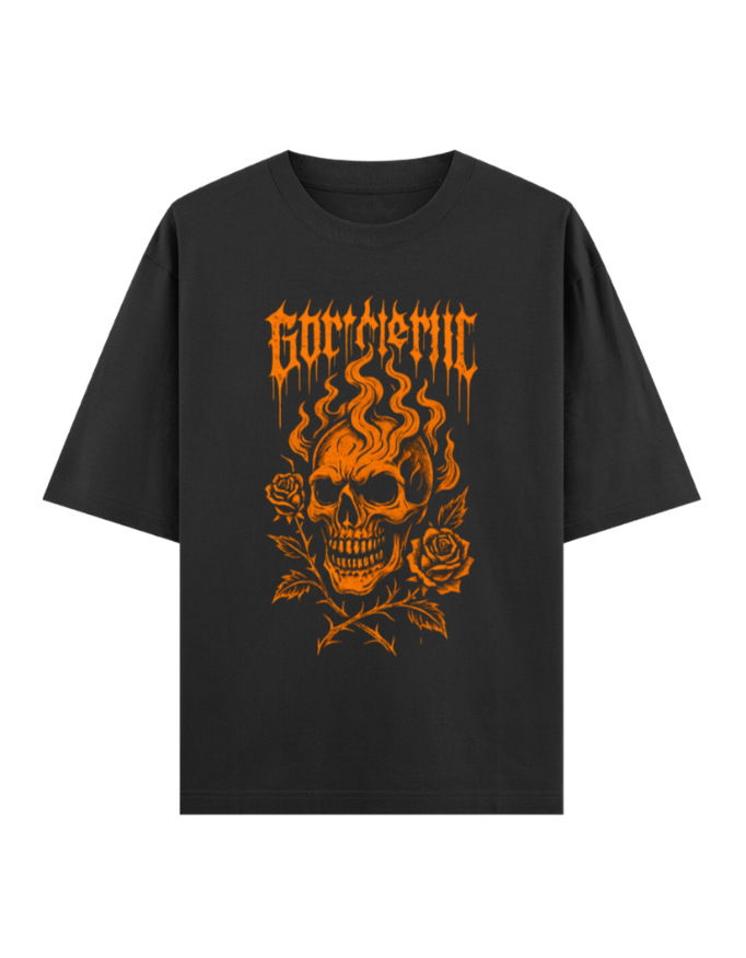 Flaming Skull & Thorny Roses Oversized Halloween T-shirt