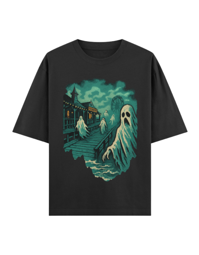 Ghostly Boardwalk Haunt Oversized Halloween T-shirt