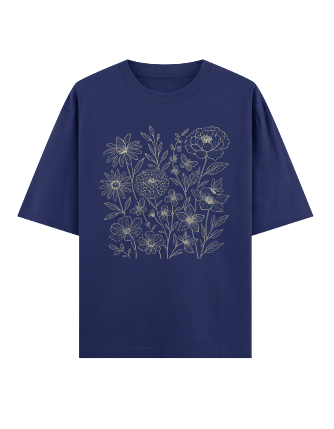 Elegant Floral Line Art Oversized T-shirt