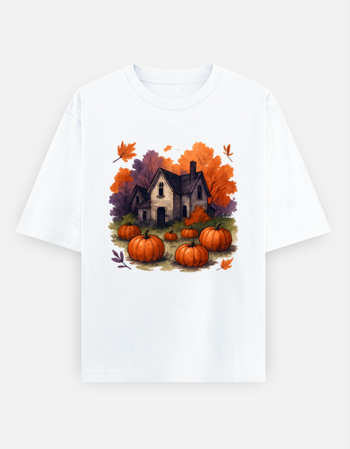 Cozy Autumn Pumpkin House Oversized Halloween T-shirt