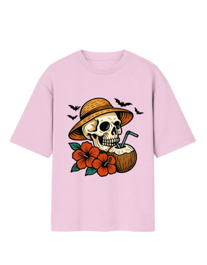Tropical Skull Vibes with Coconut Drink Oversized T-Shirt