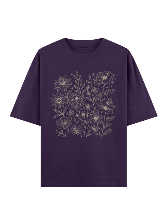 Elegant Floral Line Art Oversized T-shirt