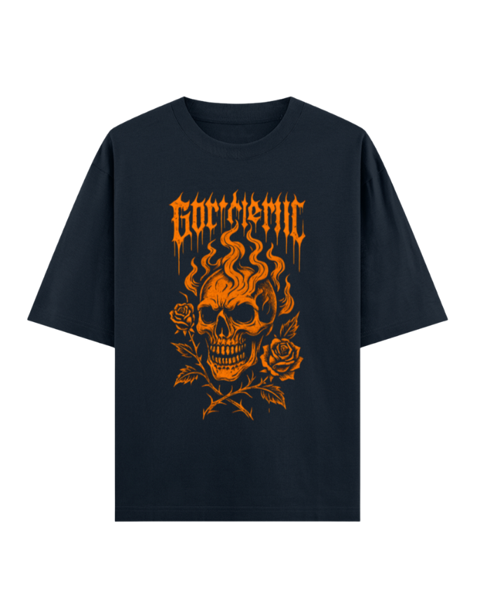 Flaming Skull & Thorny Roses Oversized Halloween T-shirt