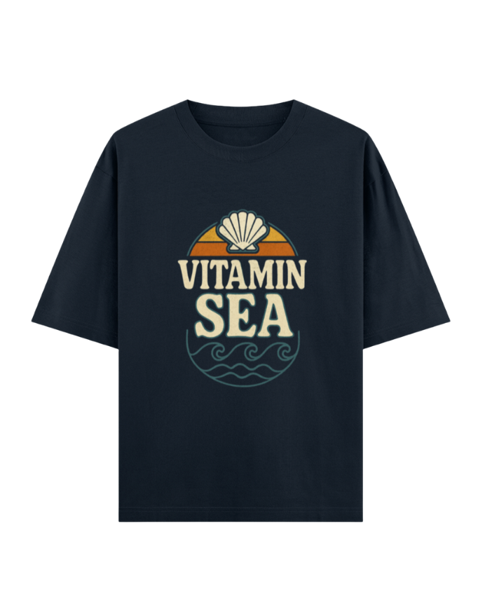 Black t-shirt with 'Vitamin Sea' graphic design on a white background