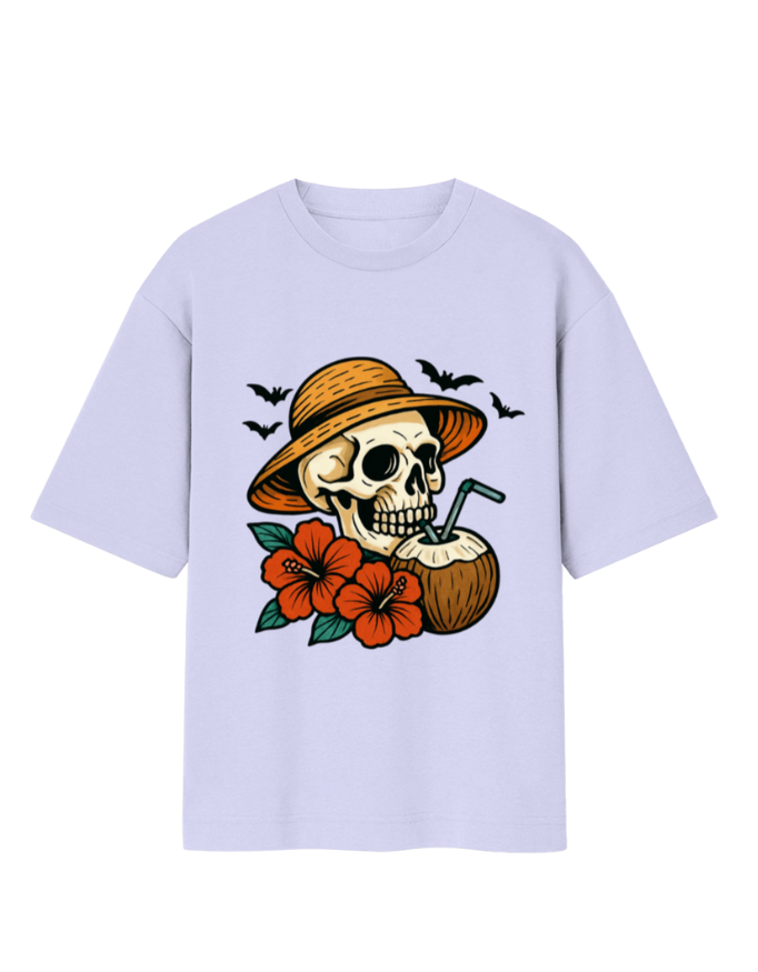 Tropical Skull Vibes with Coconut Drink Oversized T-Shirt