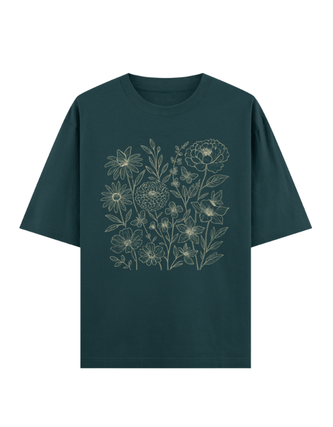 Elegant Floral Line Art Oversized T-shirt
