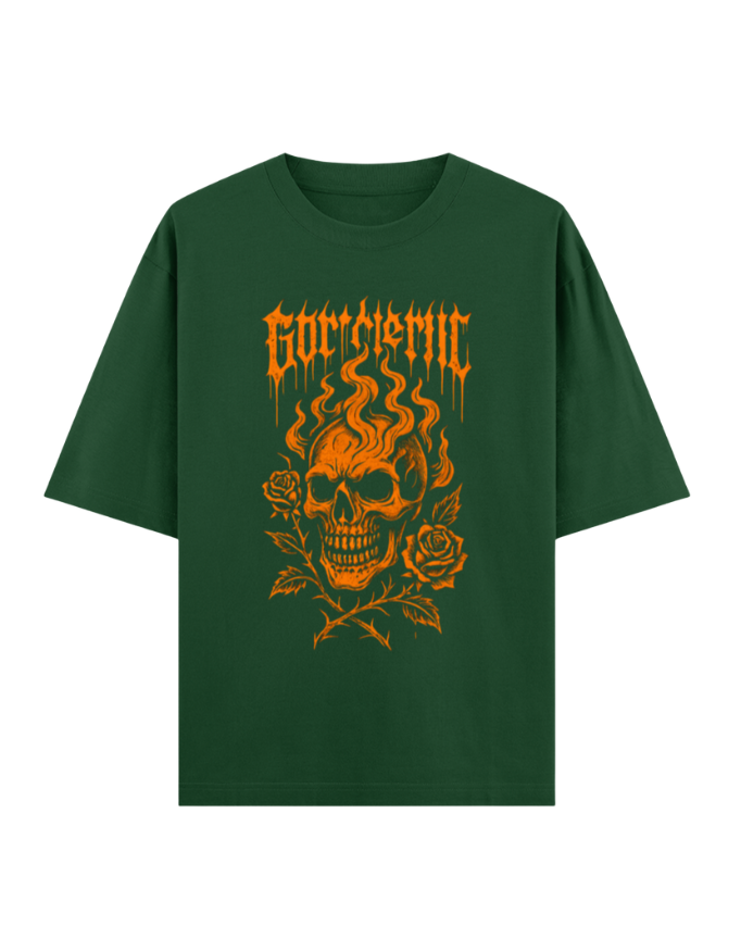 Flaming Skull & Thorny Roses Oversized Halloween T-shirt