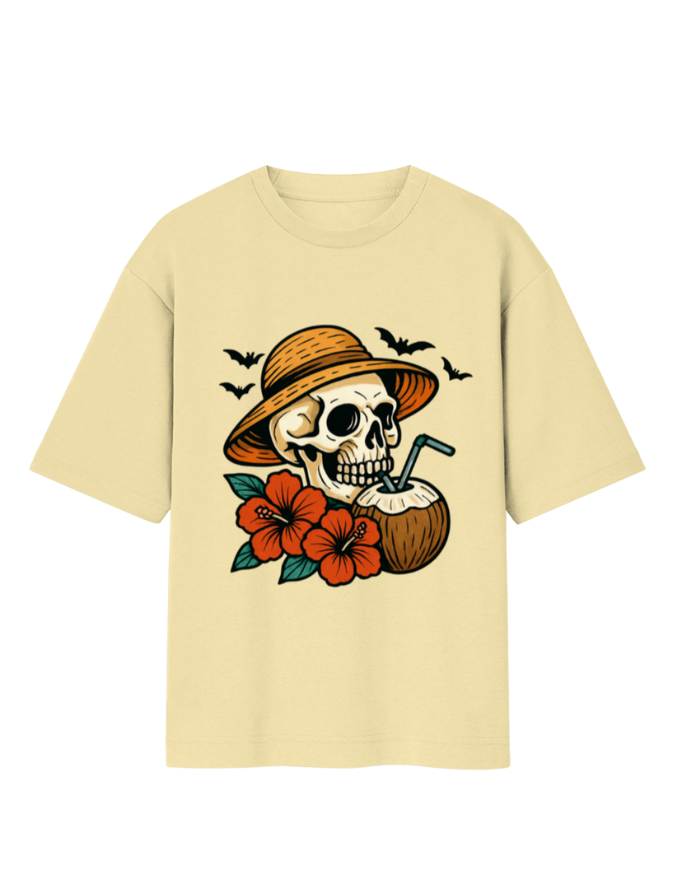 Tropical Skull Vibes with Coconut Drink Oversized T-Shirt