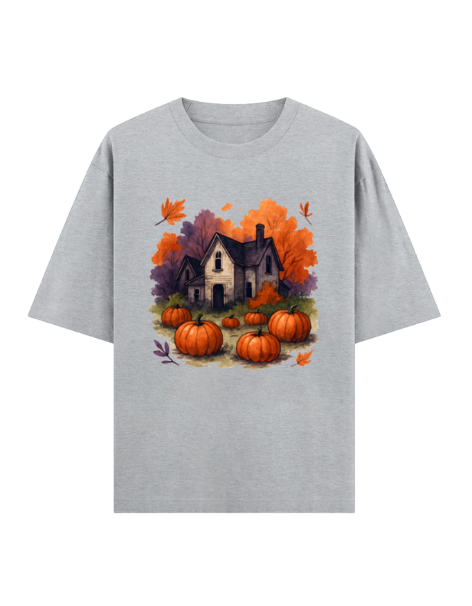 Cozy Autumn Pumpkin House Oversized Halloween T-shirt