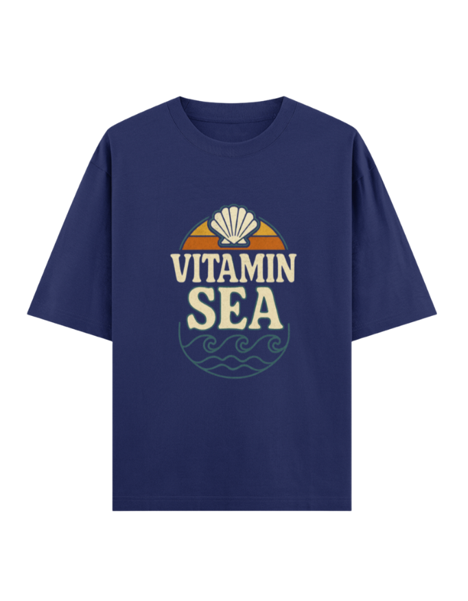 Navy blue t-shirt with 'Vitamin Sea' graphic design on a white background