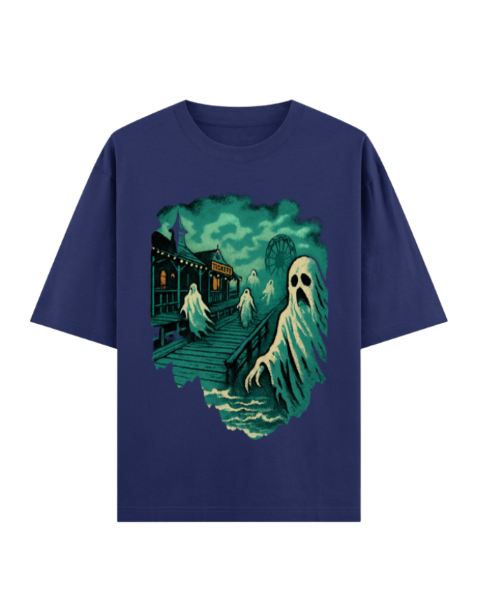 Ghostly Boardwalk Haunt Oversized Halloween T-shirt