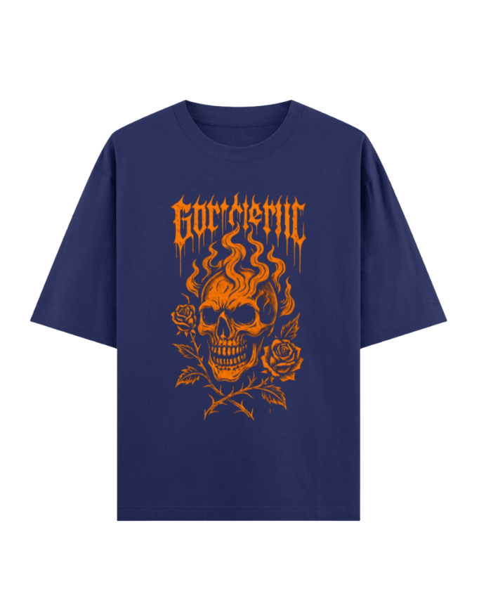 Flaming Skull & Thorny Roses Oversized Halloween T-shirt