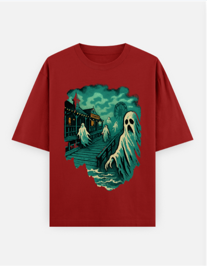 Ghostly Boardwalk Haunt Oversized Halloween T-shirt