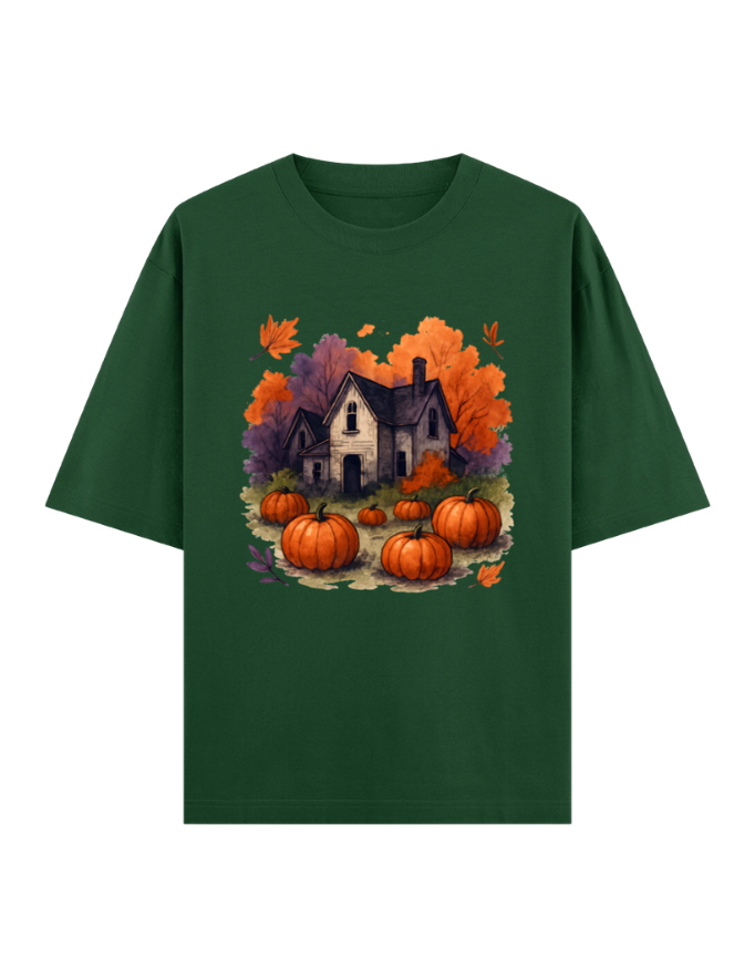 Cozy Autumn Pumpkin House Oversized Halloween T-shirt