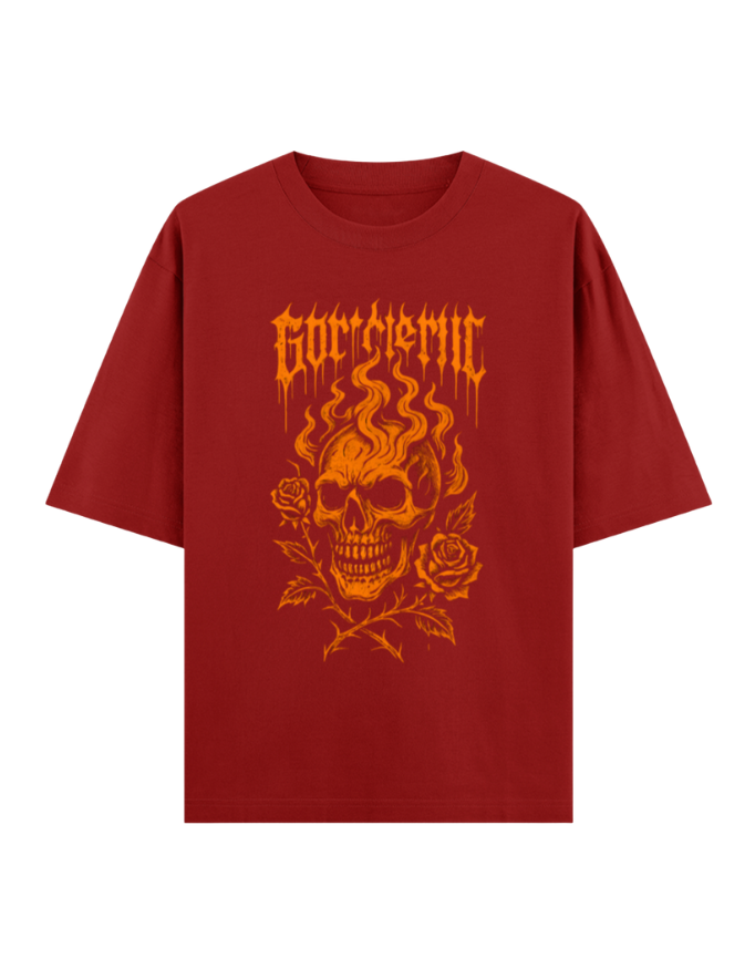 Flaming Skull & Thorny Roses Oversized Halloween T-shirt