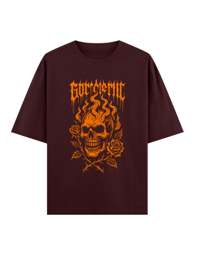 Flaming Skull & Thorny Roses Oversized Halloween T-shirt