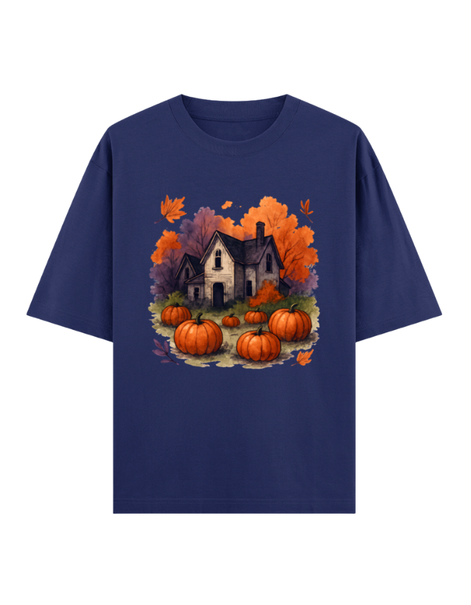 Cozy Autumn Pumpkin House Oversized Halloween T-shirt
