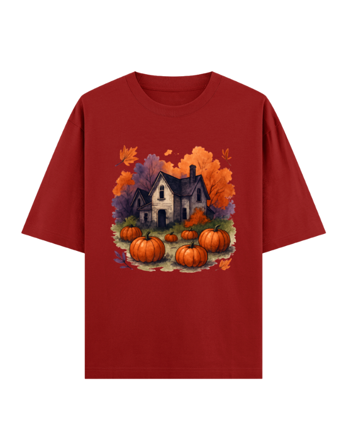 Cozy Autumn Pumpkin House Oversized Halloween T-shirt