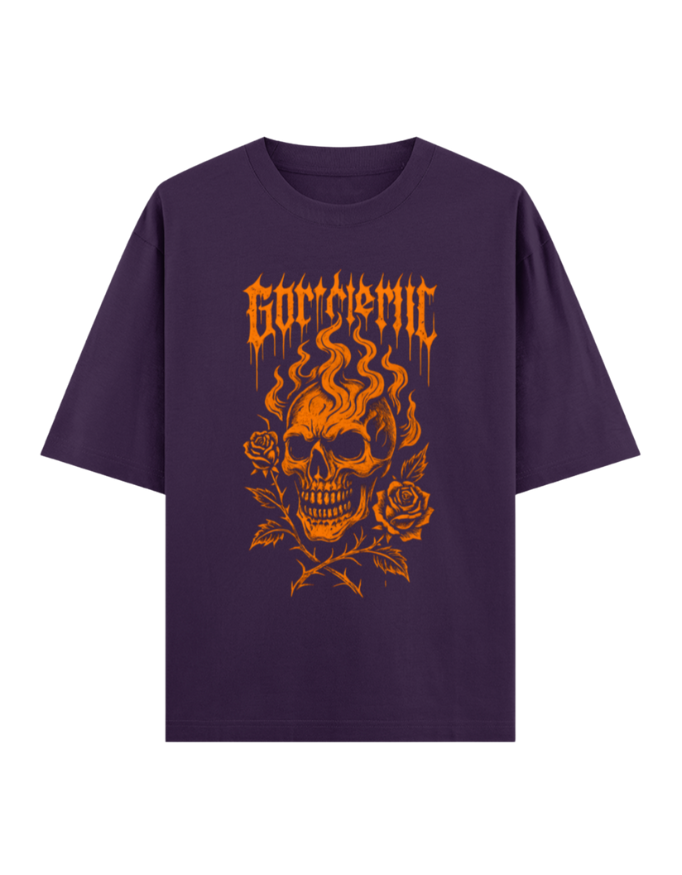 Flaming Skull & Thorny Roses Oversized Halloween T-shirt