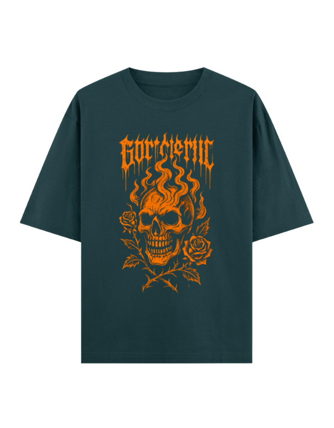 Flaming Skull & Thorny Roses Oversized Halloween T-shirt