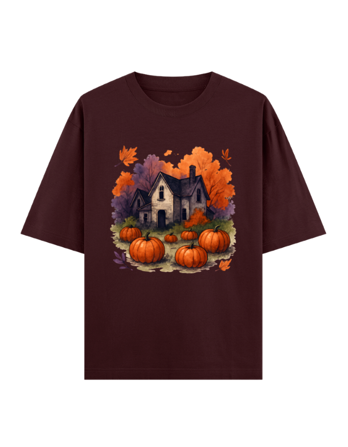 Cozy Autumn Pumpkin House Oversized Halloween T-shirt