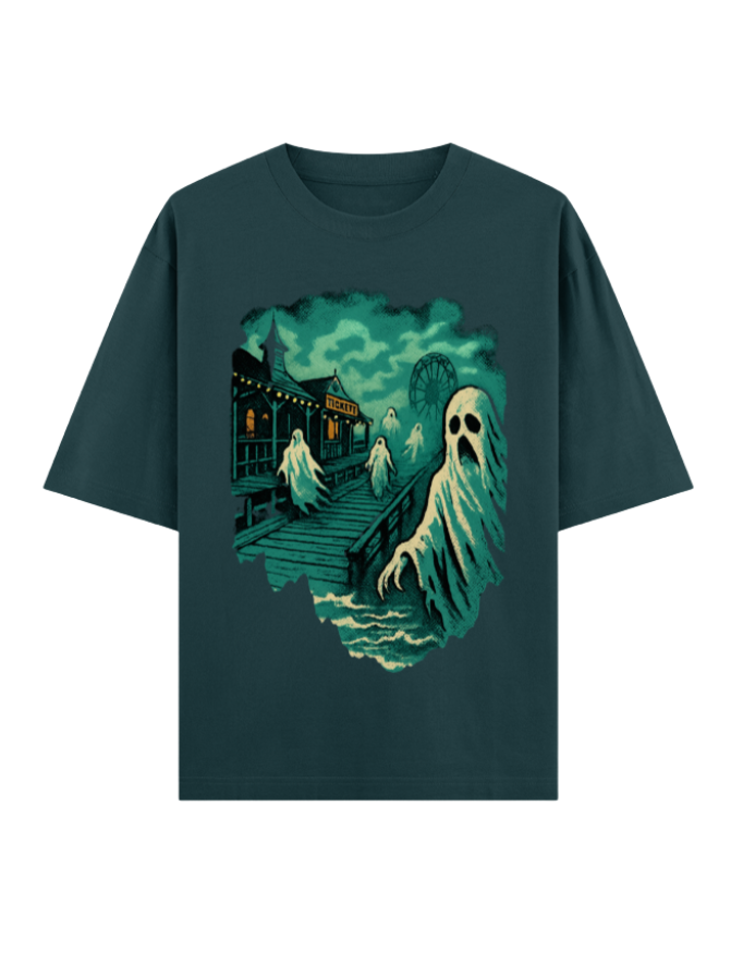Ghostly Boardwalk Haunt Oversized Halloween T-shirt