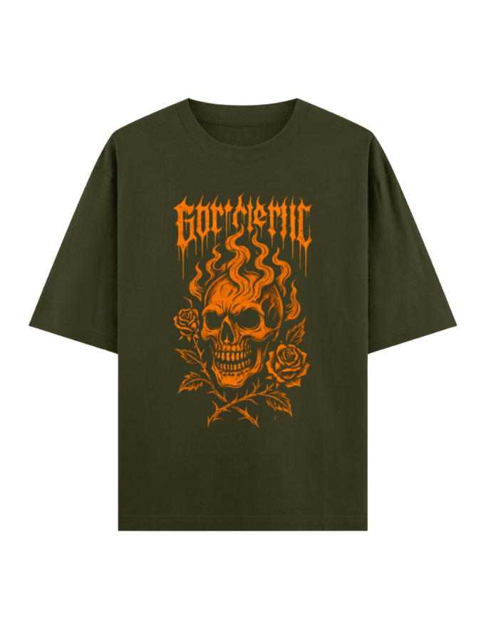 Flaming Skull & Thorny Roses Oversized Halloween T-shirt