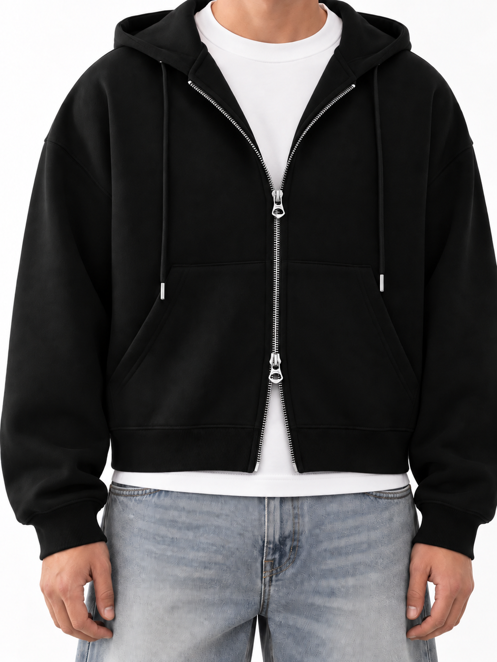Fanaze Boxy Fit Double Zipper Black Hoodie