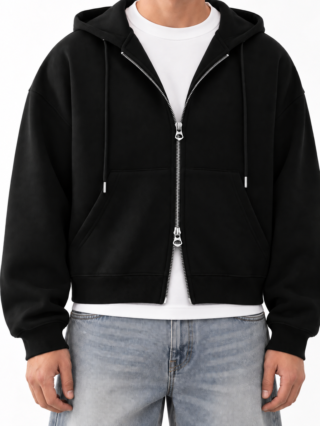 Fanaze Boxy Fit Double Zipper Black Hoodie