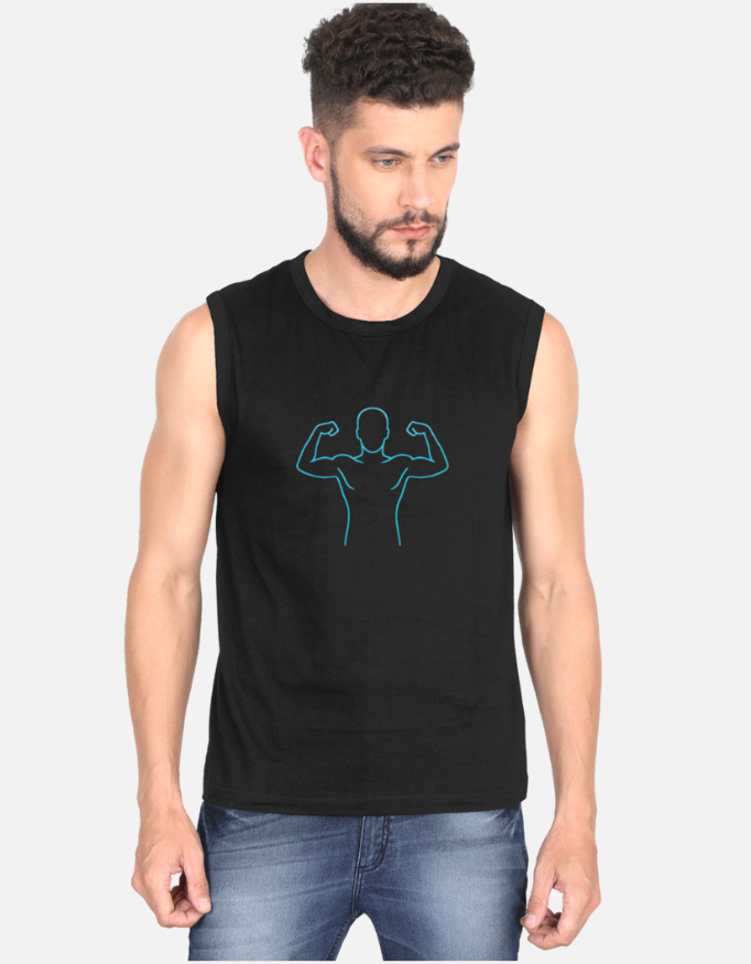 Man wearing a black sleeveless shirt with a blue graphic design on a white background